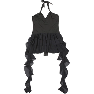 Détail d'un body noir dos nu avec décolleté plongeant et volants en mousseline multicouches