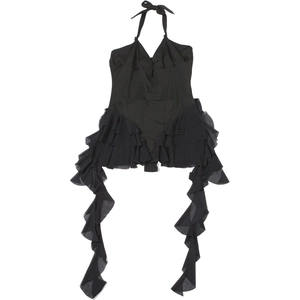 Détail du body noir sexy à décolleté plongeant avec volants étagés et rubans latéraux