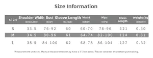 Detailed size chart for slim fit long sleeve ruched dress with precise measurements