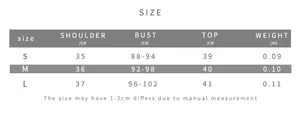 Size chart detail for sleeveless crochet fringe top showing shoulder and bust measurements