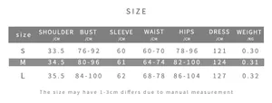 Detailed size guide table for long sleeve bodycon dress with S to L measurements