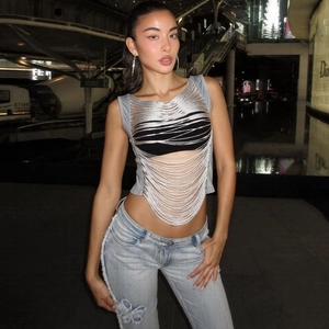 Women Sexy Silver Metallic Fringe Tank Top Hollow Out Sleeveless Round Neck Crop Top For Party Streetwear Y2K Clubwear