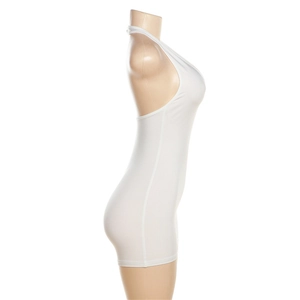 Side view of white halter neck backless bodysuit in high-stretch knit on mannequin