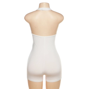 Back view of a white halter neck backless bodycon jumpsuit on a mannequin