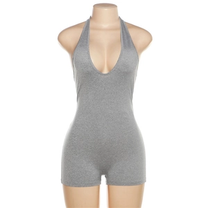 Front view detail of a grey halter neck backless slim fit bodysuit on a mannequin