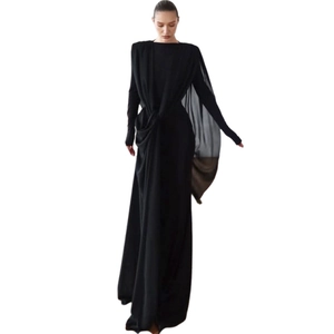 Elegant black long-sleeved mesh maxi dress with asymmetrical cape and waist twist detail