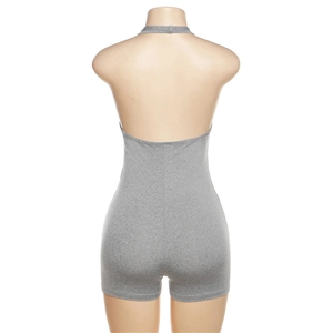 Rear view of a grey halter neck backless romper featuring soft knit cotton fabric