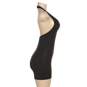 Close-up of the black halter neck slim fit backless romper with high elasticity fabric