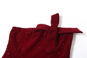 Détail de robe en velours bordeaux avec nœud papillon et paillettes argentées brillantes