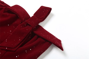 Détail d'une robe en velours bordeaux avec nœud décoratif et paillettes argentées