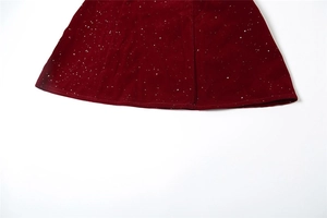 Détail de la robe en velours bordeaux avec des paillettes scintillantes élégantes