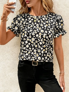 Chemisier à Manches Bouffantes Courtes à Fleurs Marguerite pour Femmes Bord à Volants Col Rond Pullover Mode Été Doux Casual
