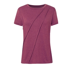 Detail view of burgundy T-shirt featuring elegant diagonal pleated design and soft texture