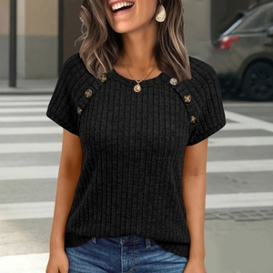 Women's slim-fit ribbed black short sleeve t-shirt with decorative shoulder buttons