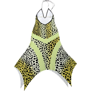 Detail of leopard print halter neck dress with asymmetrical handkerchief hem and deep V-neck