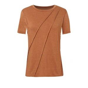 Detail showing asymmetric ruched texture and crew neckline on caramel short sleeve T-shirt