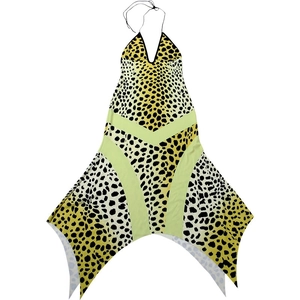 Detail of leopard print maxi dress with halter neck and irregular green colorblock hemline
