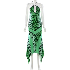 Detail of green leopard print halter neck dress with teardrop cutout and open back