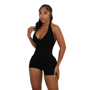 Women's black halter neck bodycon romper with sexy backless design and slim fit