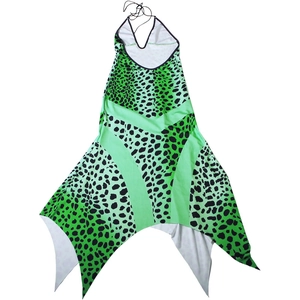 Detail of green leopard print halter maxi dress with backless design and sharkbite hem