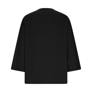Detail view of the soft knitted texture and stitching on the back of the black V-neck top