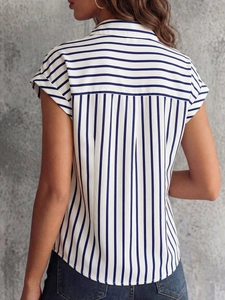 Rear view of striped short sleeve shirt with horizontal and vertical pattern details