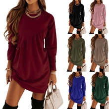Detail view of seven color swatches for the long-sleeved pleated crewneck dress