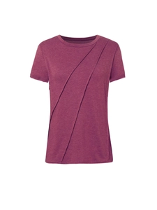 Women's crew neck short sleeve T-shirt in deep purple with unique diagonal draped pleated design