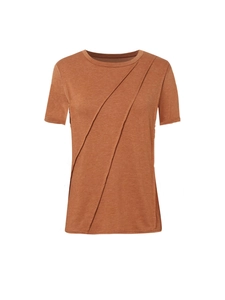 Women's crewneck short sleeve T-shirt in caramel brown with ruched pleated front design