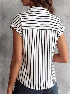 Detailed back view of striped short sleeve shirt showing horizontal and vertical patterns