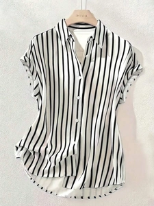Detailed view of women's vertical striped short sleeve shirt with button-down collar