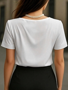 Elegant back view of white V-neck satin short sleeve shirt with flowing fabric texture