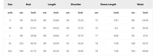 Size chart showing bust, length, shoulder and waist measurements in cm and inches