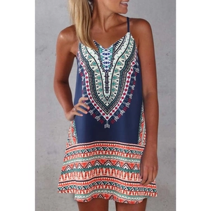 Women's summer bohemian mini dress with blue geometric prints and V-neck straps