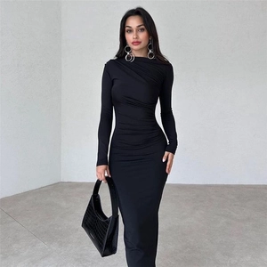 Slim fit long sleeve black dress with elegant pleated neckline and ruched details