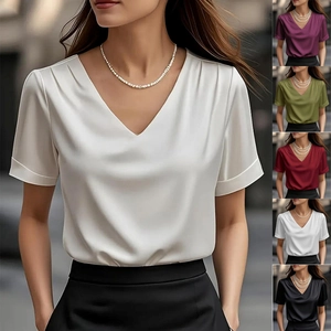 Women V Neck Satin T-Shirt Short Sleeve Pleated Shoulder Solid Color Office Lady Commuter Elegant Silky Summer Top