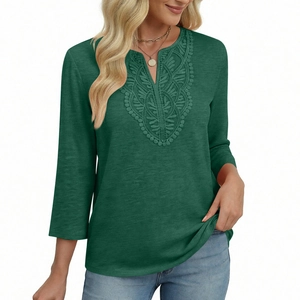 Detail showing the intricate lace embroidery on the V-neckline of this dark green top