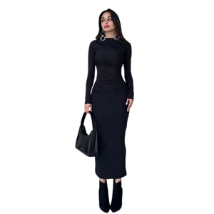 Slim fit long sleeve black ruched maxi dress for women featuring elegant bodycon silhouette