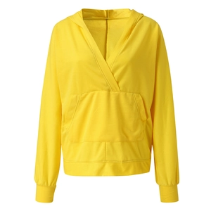 Bright yellow long sleeve hoodie with unique V-neck cross collar and kangaroo pocket