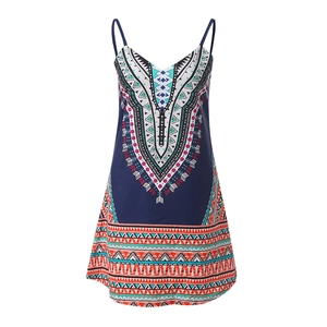 Detailed view of bohemian dashiki print on blue summer dress with geometric patterns