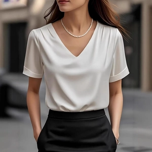 Elegant white V-neck satin blouse with pleated shoulders and short sleeves for women