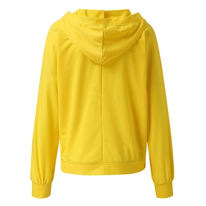 Back view of a yellow hooded sweatshirt featuring ribbed cuffs and a relaxed athletic fit