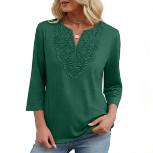 Close-up of the elegant lace embroidery and V-neckline detail on the dark green women's top