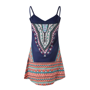 Detail of bohemian geometric prints and V-neckline on summer digital print dress