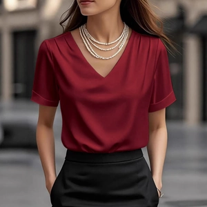 Elegant dark red satin V-neck short sleeve top for women with pleated detail