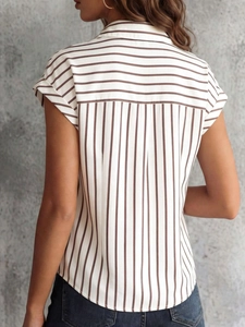 Detailed back view of a women's striped short-sleeve shirt with vintage lapel collar