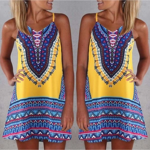 Detailed view of yellow bohemian summer dress featuring vibrant geometric ethnic patterns