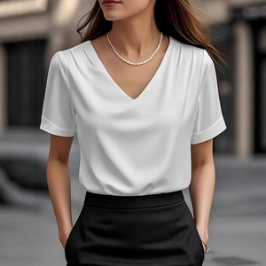 Elegant white V-neck satin short sleeve shirt for women featuring soft silk-like fabric texture
