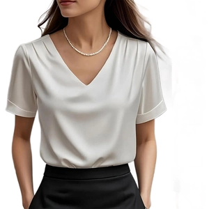 Elegant white satin V-neck short sleeve T-shirt for women with smooth glossy finish