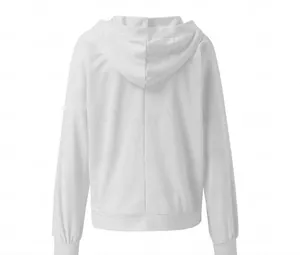 Detailed back view of a white hooded sweatshirt with ribbed cuffs and soft cotton texture
